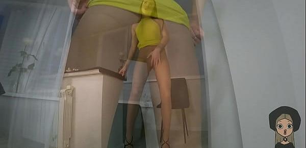  Guy Ripping Pantyhoses On Holes Of A Sexy Slut In Yellow Dress Fucking Her Juicy Hole And Cum On Her Pussy
